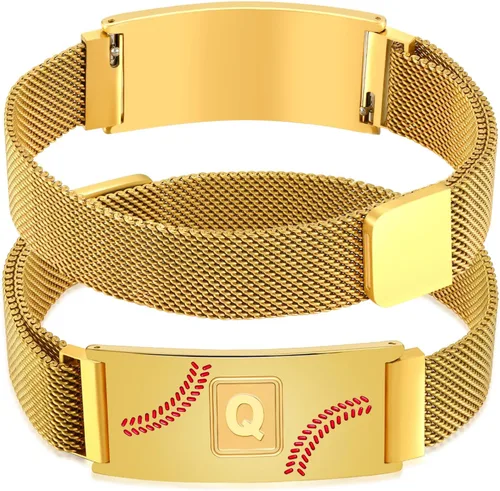Vista 76 de Fervia Regalos de graduación de Pascua para hombres, pulsera con inicial de béisbol, color negro, plateado, dorado, acero inoxidable, pulseras