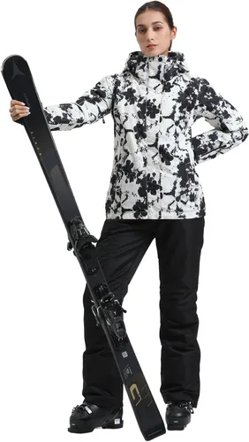 Vista 2 de IMPHUT Chaquetas y pantalones de esquí para mujer, traje de nieve, abrigo cálido con capucha, impermeable, resistente al viento con aislamiento