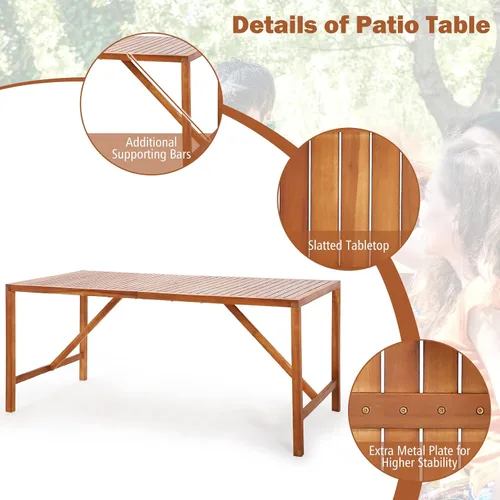 Vista 8 de Tangkula Mesa de comedor rectangular para exteriores, mesa de madera de acacia con agujero para sombrilla de 2 pulgadas, amplia mesa de listones