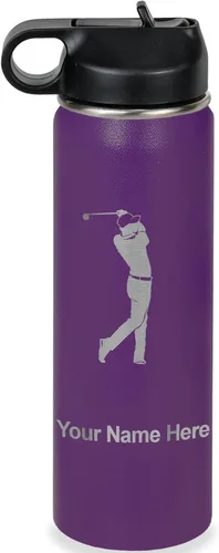 Vista 43 de LaserGram Botella de agua personalizada, golfista de golf, acero inoxidable de doble pared aislada al vacío con popote superior, regalo grabado Negro
