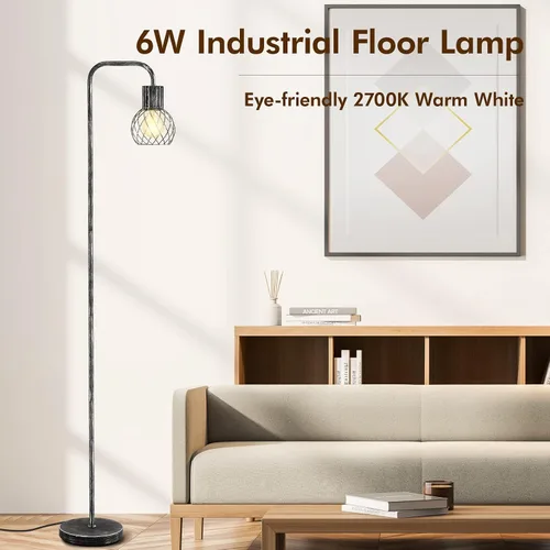 Vista 2 de Lámpara de pie industrial, lámpara de pie plateada antigua moderna con bombilla LED de 6 W, interruptor de pie, lámparas altas de metal para sala