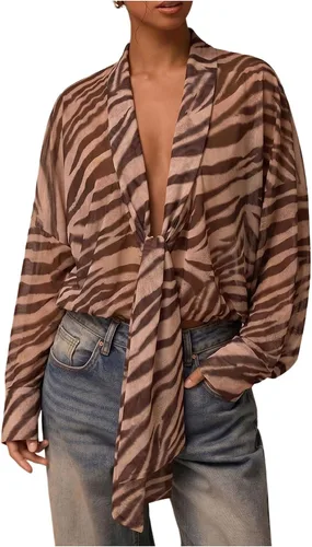 Vista 14 de SOLY HUX Blusa de encaje para mujer, manga larga, malla transparente con lazo frontal Marrón (pure brown)