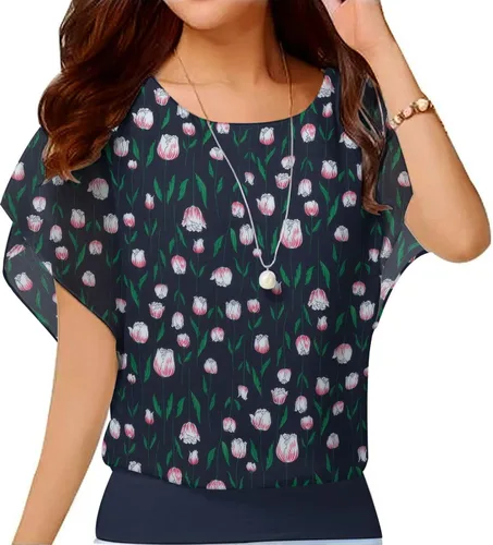 Vista 35 de VIISHOW - Blusa de gasa y de manga corta para mujer, estilo holgado y casual Negro