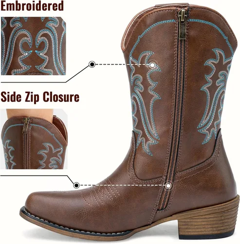 Vista 3 de Jeossy Botas vaqueras para mujer, vaquera occidental, a media pantorrilla, puntera redonda, bordadas, con cremallera