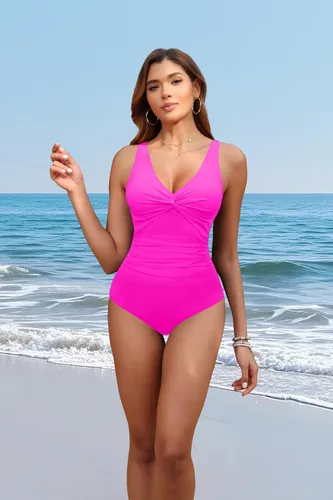 Vista 3 de Traje de baño de una pieza con control de abdomen para mujer Rosa fuerte