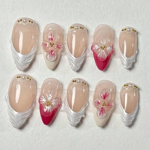 Vista 8 de 24 piezas de uñas postizas de punta francesa a presión, uñas postizas medianas en forma de almendra con diseño de ondas azul oscuro, uñas postizas