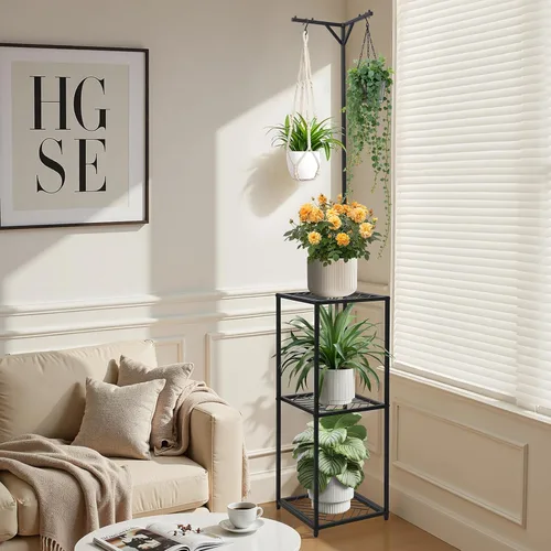 Vista 7 de CZWL&HG Soporte de 3 niveles para plantas colgantes para interiores y exteriores, estante de metal de 67 pulgadas de alto para 5 flores en maceta