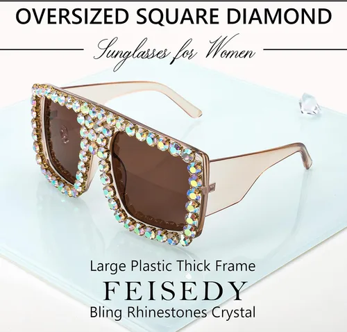 Vista 3 de FEISEDY Gafas de sol cuadradas con diamantes para mujer, estilo retro, con diamantes de imitación brillantes, B2916