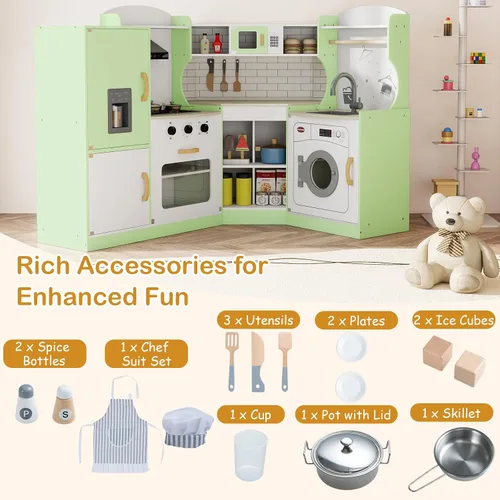 Vista 4 de KOTEK Cocina de juguete de madera para niños con sonido y luz, campana extractora, máquina de hielo, lavadora, microondas, horno, fregadero, traje