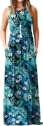Vista 14 de DEARCASE Vestido largo de verano sin mangas para mujer, con bolsillos E10-floral Negro Azul