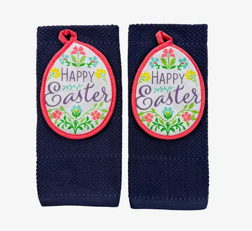 Vista 11 de Serafina Home Easter Kitchen Towel Set with Pot Holders, Spring Colored Eggs Design, 100% Cotton, White Orange Green, 5 Piece Set