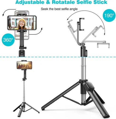 Vista 3 de Palo selfie, trípode extensible para selfie stick con control remoto inalámbrico y soporte para teléfono, trípode portátil para selfie grupal