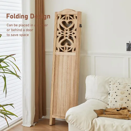 Vista 5 de Divisor de habitación de 4 paneles totalmente montado, separadores de habitación tallados y pantallas plegables, divisor de madera de 5.6 pies