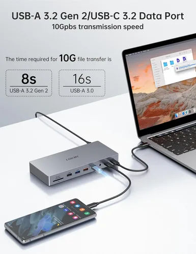 Vista 4 de Estación de acoplamiento para laptop con monitor doble, estación de acoplamiento USB C 15 en 1 con puerto de pantalla dual 4K, HDMI, VGA, 100 W PD
