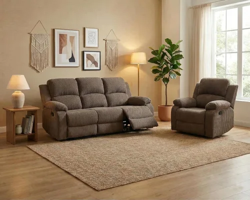 Vista 11 de Juego de sofá reclinable manual para sala de estar, juego de muebles de 3 piezas, sofá reclinable de tela Courduroy y dos sillas con mesa Azul