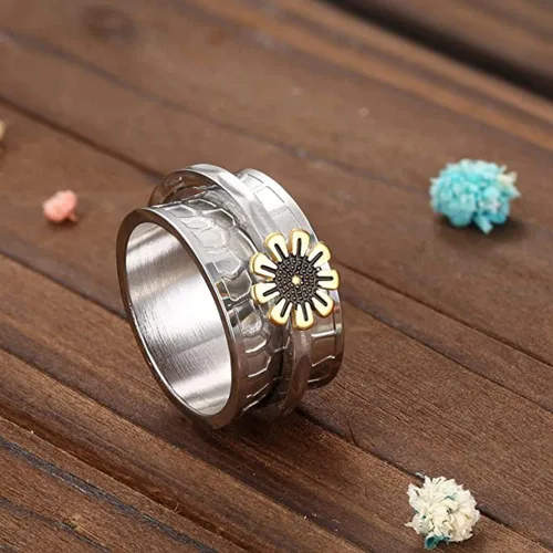 Vista 6 de Anillo giratorio de flores de margaritas para mujeres, niñas y hombres, anti ansiedad, inspiraciones para aliviar el estrés, meditación, acero