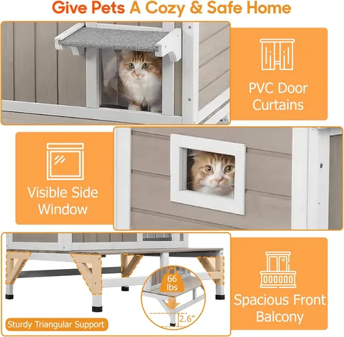Vista 6 de PetsCosset Casa para gatos al aire libre, refugio de madera para gatos con interior de tela rascadora incorporada, diseño de 2 pisos resistente a