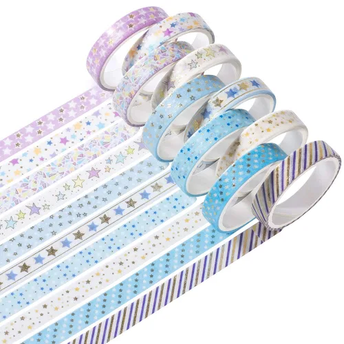 Vista 10 de YUBBAEX Juego de 10 rollos de cinta washi brillante, 8 mm de ancho, de lámina dorada decorativa para álbumes de recortes, planificador, manualidades