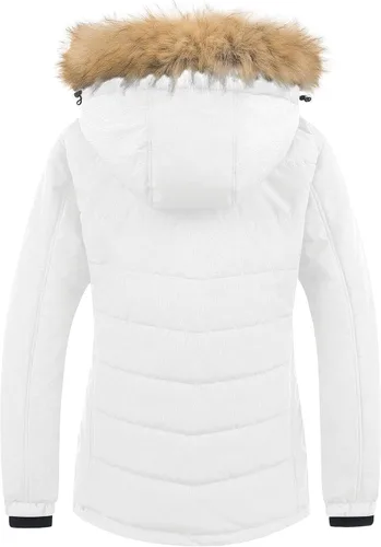 Vista 2 de Pursky Chaqueta de esquí impermeable para mujer, abrigo de nieve acolchado de invierno, abrigo de piel con capucha