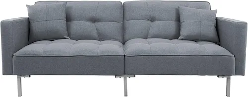 Vista 7 de Sofá cama plegable de tela moderna tapizado de lino con 2 almohadas y marco de metal para espacios pequeños compactos, dormitorio, sala de estar