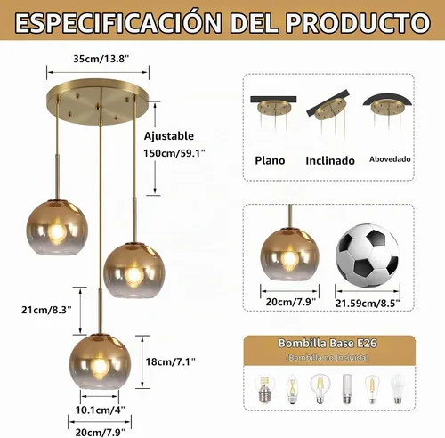Vista 2 de KCO Iluminación - Lámpara colgante de 3 luces con globos en grupo, candelabro de cristal moderno, lámpara colgante de cristal dorado de 3 luces