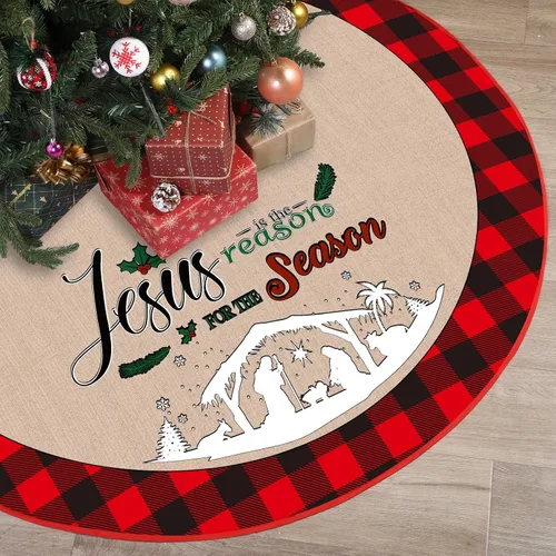 Vista 8 de Falda de árbol de Navidad de 48 pulgadas, falda de árbol de Navidad de poliéster con patrón de copo de nieve, ciervo, muñeco de nieve, decoraciones