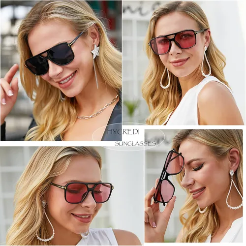 Vista 3 de Hycredi Gafas de sol estilo aviador vintage para mujeres y hombres, marco cuadrado grande de los años 70, protección UV400