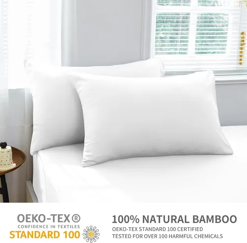 Vista 2 de Juego de sábana bajera ajustable con fundas de almohada, 100% viscosa derivada de bambú, sábana bajera refrescante de 400 hilos para personas que