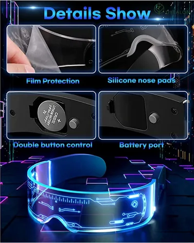Vista 3 de Gafas de visera con luz LED (paquete de 2) 7 colores 4 modos Gafas luminosas futuristas cyberpunk para niños y adultos