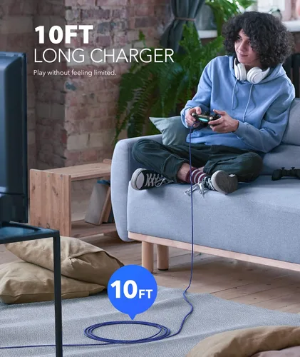 Vista 3 de Cable de carga para controlador PS4, 10 pies, paquete de 2 cables de nailon trenzado extra largo micro USB 2.0 de sincronización de datos de alta