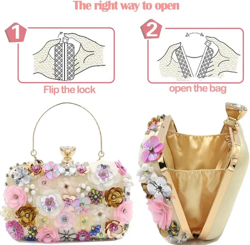 Vista 5 de BBTT.ful Bolso de mano para mujer con diseño de flores, con correa de cadena y bandolera (champán), Champán
