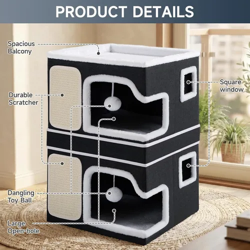 Vista 5 de Camas dobles para gatos de interior, casa para gatos de 2 pisos con grandes y acogedores escondites, cubo cueva de doble propósito con almohadillas