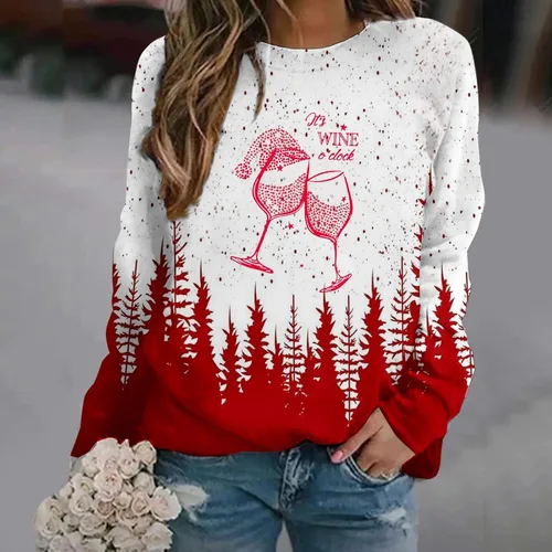 Vista 3 de Sudadera de manga larga con cuello redondo para mujer, diseño con texto en inglés "Merry Christmas It's Wine O'clock