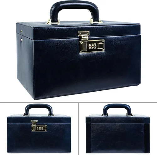 Vista 3 de Time Resistance Joyero de cuero Organizador de joyas de cuero de grano completo Caja de cerradura de llaves de almacenamiento azul marino