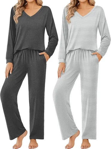 Vista 13 de Ekouaer Conjunto de 2 pijamas para mujer, pijamas de manga larga con camiseta y pantalones, cuello en V, pijamas suaves con bolsillos, ropa