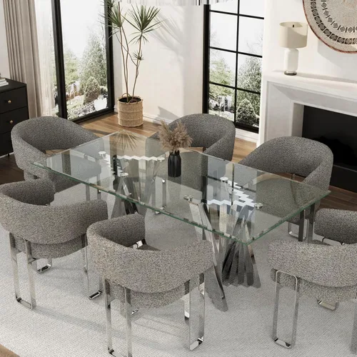 Vista 9 de Mesa de comedor de cristal, mesa de cocina rectangular plateada de Plateado