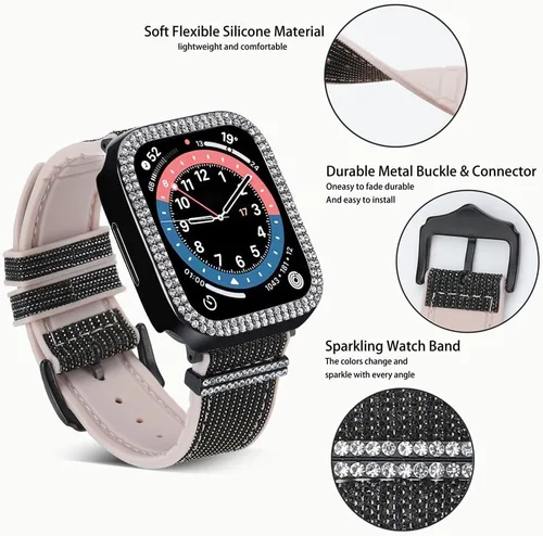 Vista 4 de Bling Silicone Bands Compatible For Apple Watch Band 38mm 40mm 41mm 42mm 44mm 45mm 46mm With Diamond Case, Soft Silicone Strap Color Changes with