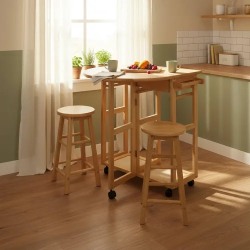 Vista 3 de Furnifact Juego de comedor de 3 piezas con hojas colgantes que ahorran espacio, mesa de madera maciza y 2 taburetes redondos, color marrón