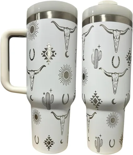 Vista 25 de Botella de agua de acero inoxidable de 40 oz taza Longhorn Bottle Bull Tumbler Cow Gift Western Water Bottle Cup (24oz Cream(90)-Longhorn (D35))
