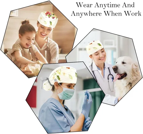 Vista 6 de 2 Packs Surgery Cap with Sweatband, Breathable Bouffant Hats Long Hair, Adjustable Nurse Scrub Caps Red Jujube Flower