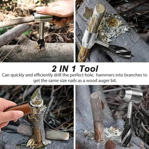 Vista 5 de Survival Settlers Tool Bushcraft - Llave de taladro manual de ojo escocés para madera, herramienta de supervivencia con bolsa de cuero y gancho