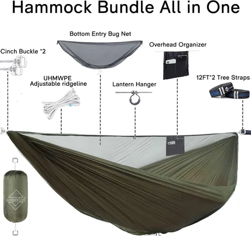 Vista 2 de OneWind Hamaca portátil para acampar de 11 pies con mosquitera, hamaca doble Ridgeline ajustable con correas de árbol de 2 x 12 pies, color marrón