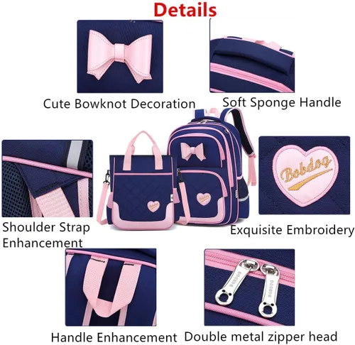 Vista 24 de Juego de 2 mochilas escolares con lazos para niñas y estudiantes, diseño de princesa para escuela primaria, 2pcs Negro-s, 2Pcs BagSet S