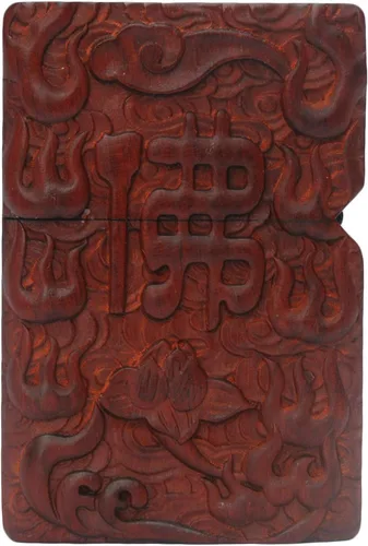Vista 3 de Caja de carcasa de madera natural Huanghuali tallada en palisandro para módulo Zippo (oración budista)