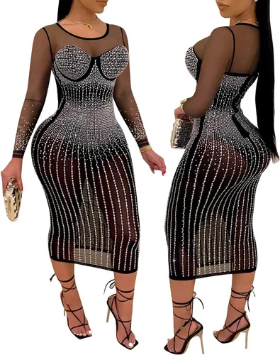 Vista 3 de PORRCEY Vestido sexy y elegante con diamantes de imitación para mujer, malla transparente, entallado, para cumpleaños, cóctel, fiesta, club, noche