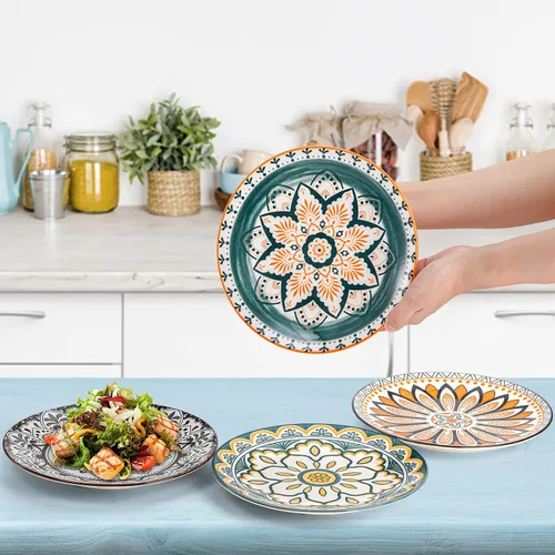 Vista 2 de Foraineam 8 platos de ensalada, platos de postre florales de porcelana de 8.5 pulgadas, coloridos juegos de platos redondos para almuerzo, ensalada