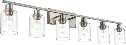 Vista 15 de Lámpara de pared de 3 luces de níquel cepillado de metal, lámpara de tocador de interior con pantalla de vidrio transparente, accesorios