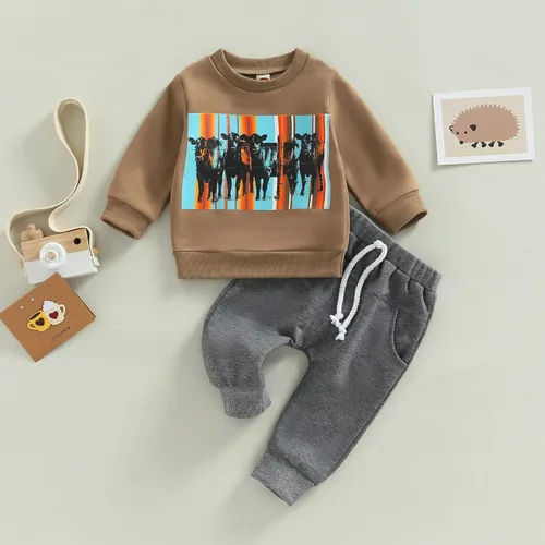 Vista 2 de Kayotuas Conjunto de sudadera con estampado de vaca y pantalones deportivos para bebé, ropa occidental para primavera, otoño e invierno
