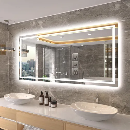 Vista 46 de Espejo de baño LED de 24 x 28 pulgadas, luz frontal y retroiluminada, antiniebla, regulable, espejo de tocador iluminado con memoria, espejo LED