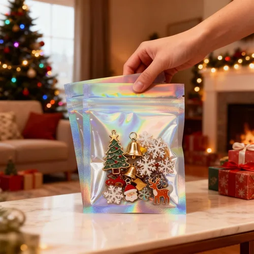 Vista 5 de Bolsas Holográficas y Bolsa de Papel de Aluminio Resellable Mylar Bolsa de Muestra Ideal para Favores de Fiesta Almacenamiento de Alimentos Bolsas a